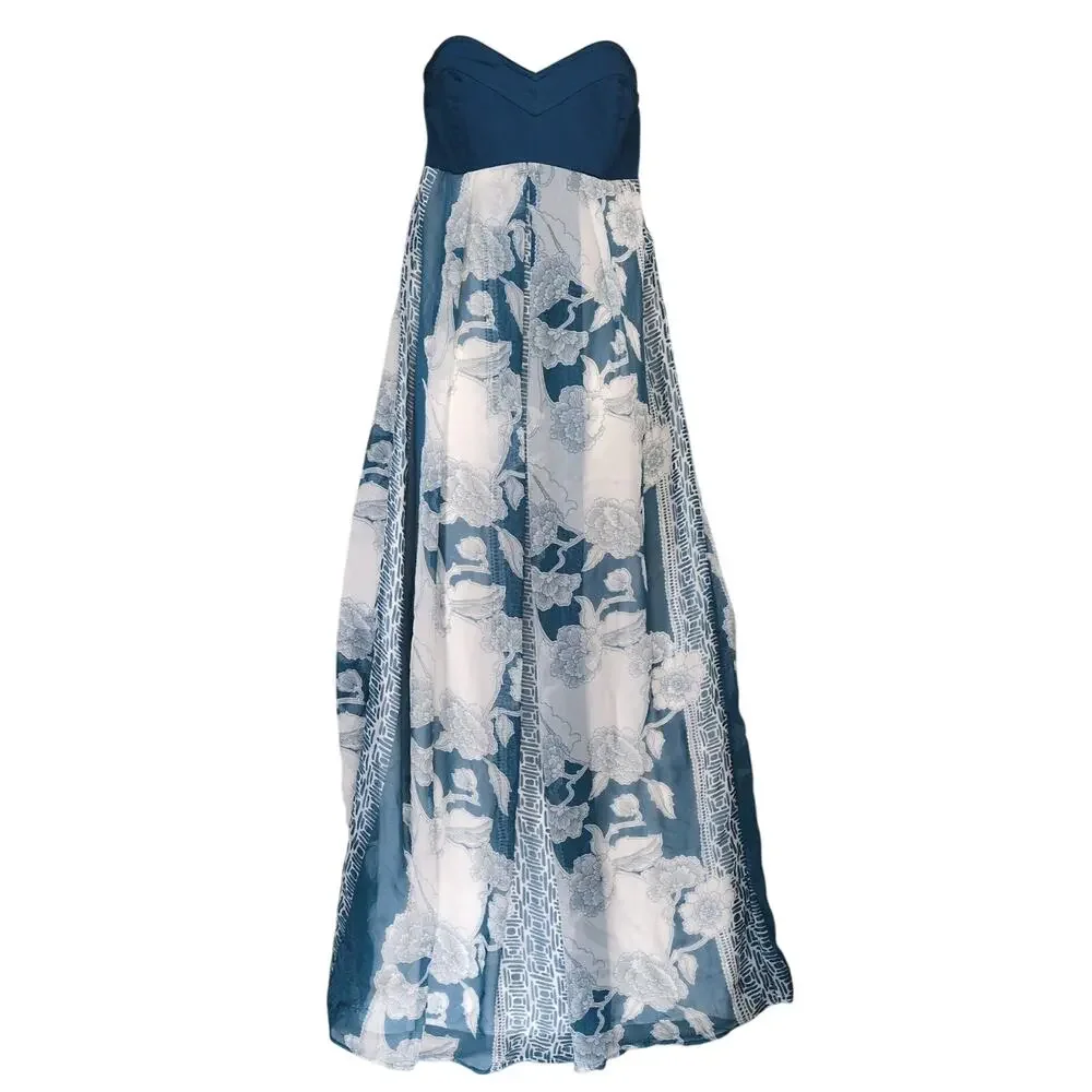 Charlotte Russo Sz L Strapless Babydoll High Waist Blue‎ Floral Sheer Maxi Dress